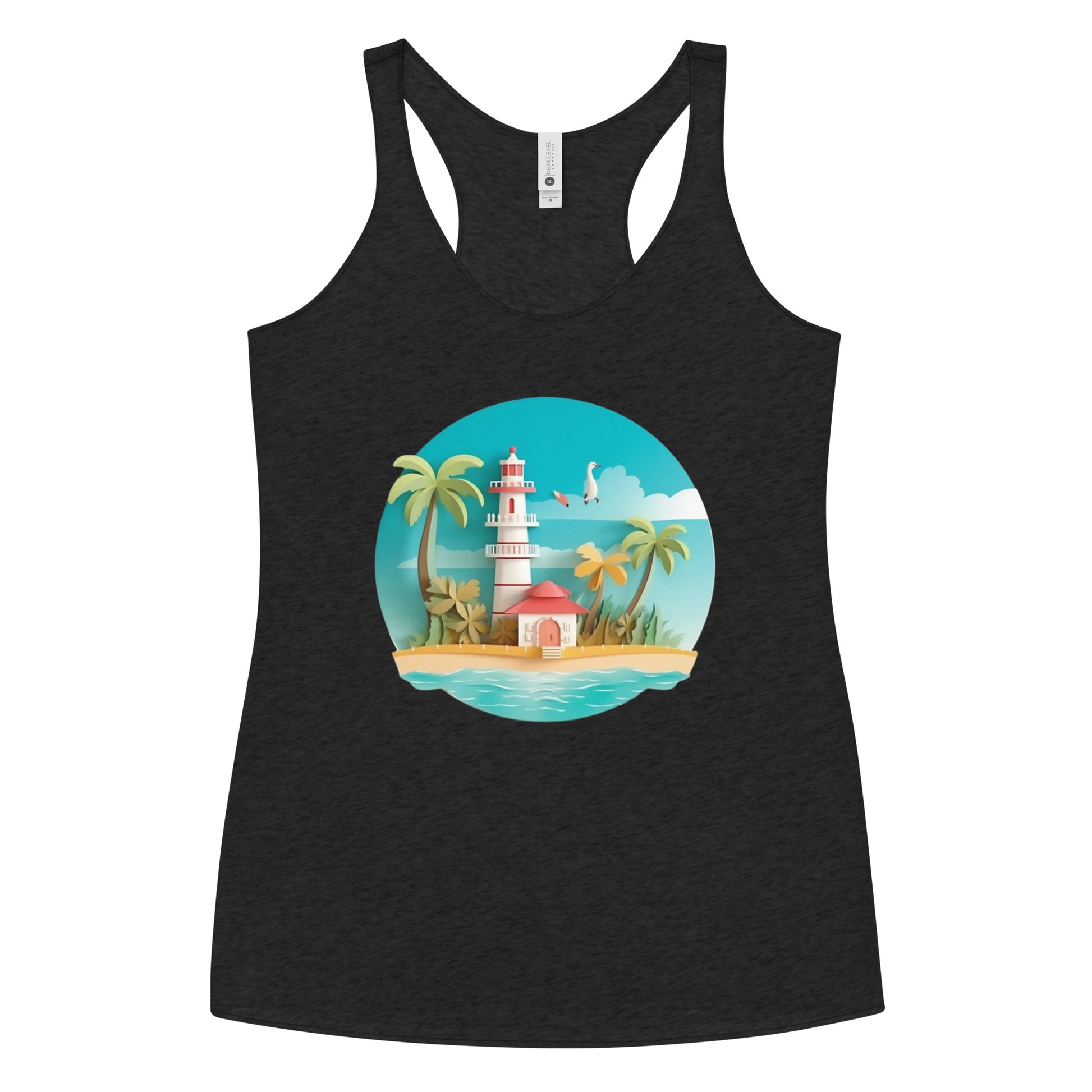 Black tank top with picture of lighthouse and palm trees