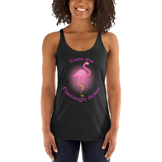 Women with black tank top with picture of flamingo en text "calm the flamingo down"