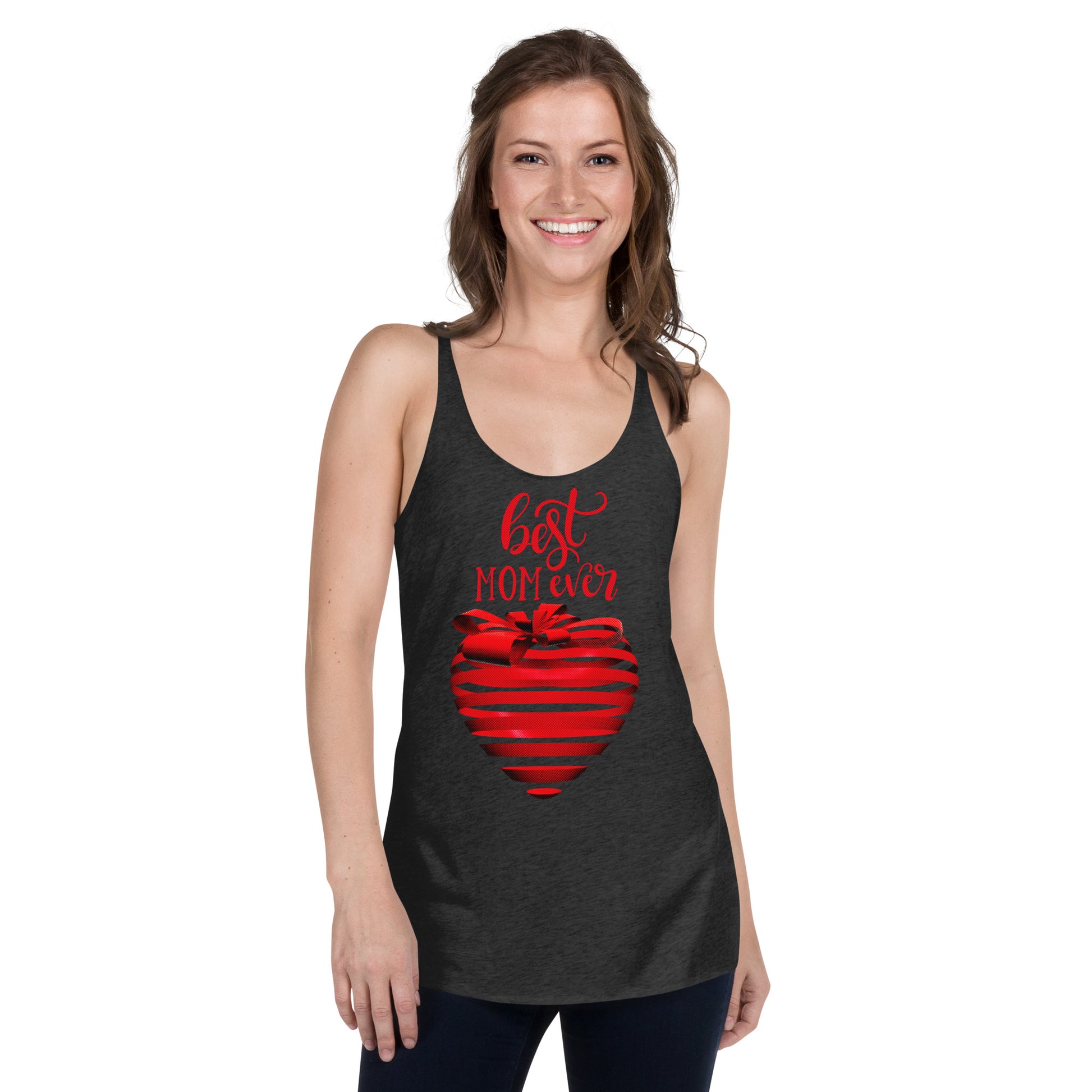 Women with black Tank Top with red text best MOM Ever and red heart