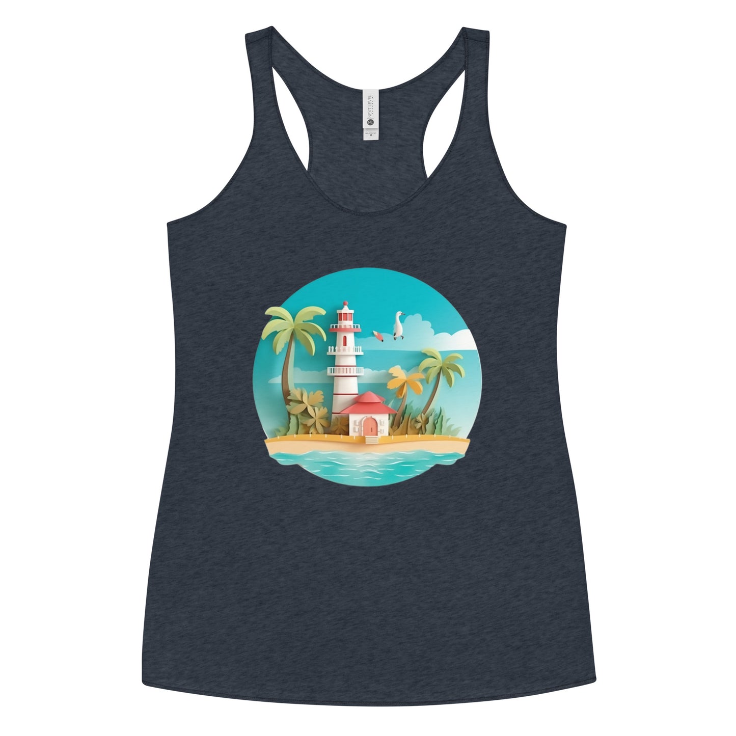 Navy blue tank top with picture of lighthouse and palm trees