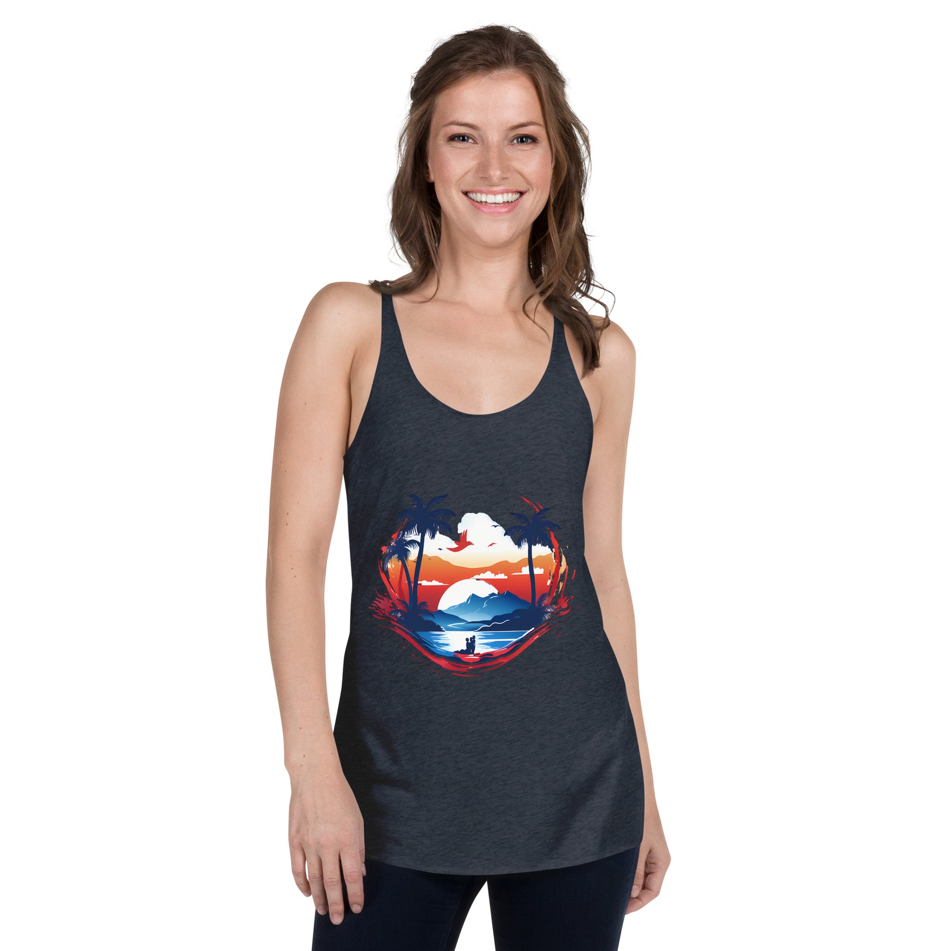 Women with navy blue tank top with picture of sunset and palm trees