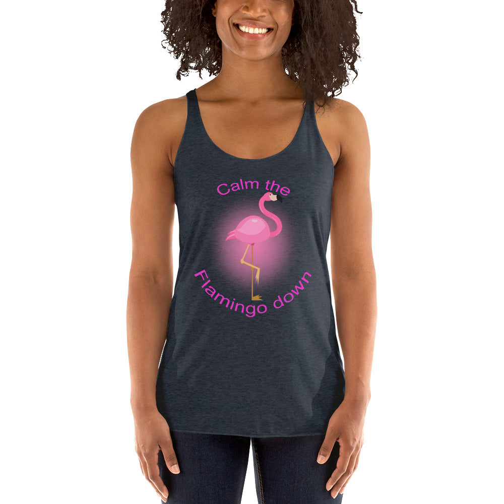 Women with navy blue tank top with picture of flamingo en text "calm the flamingo down"