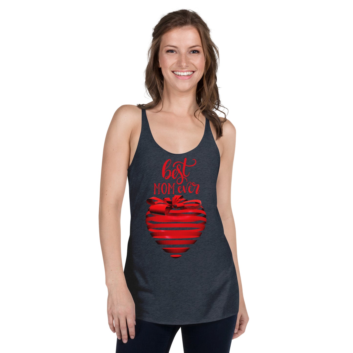 Women with navy Tank Top with red text best MOM Ever and red heart