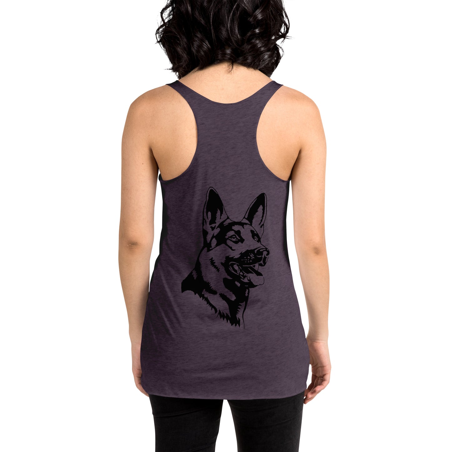 Women with purple racerback tank top with German shepherd