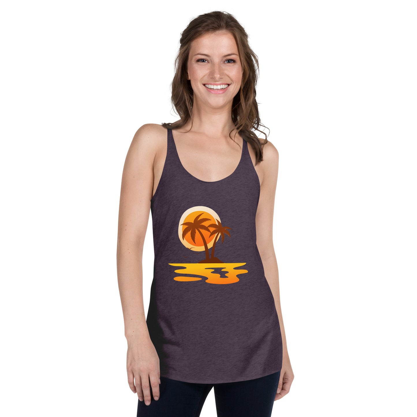 Women with purple tank top with sunset and palm trees