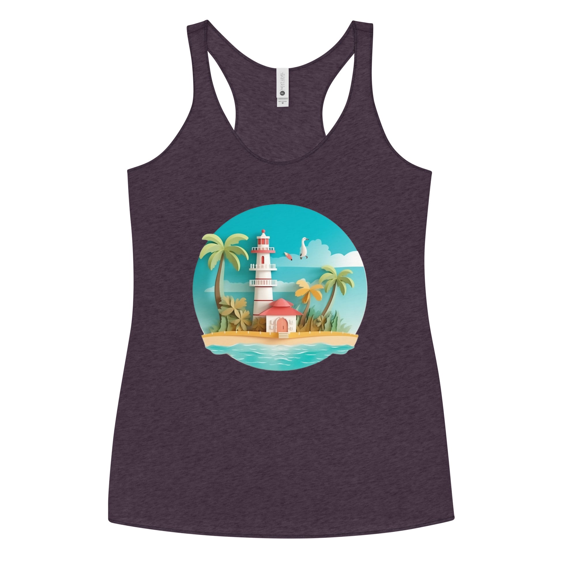 Purple tank top with picture of lighthouse and palm trees