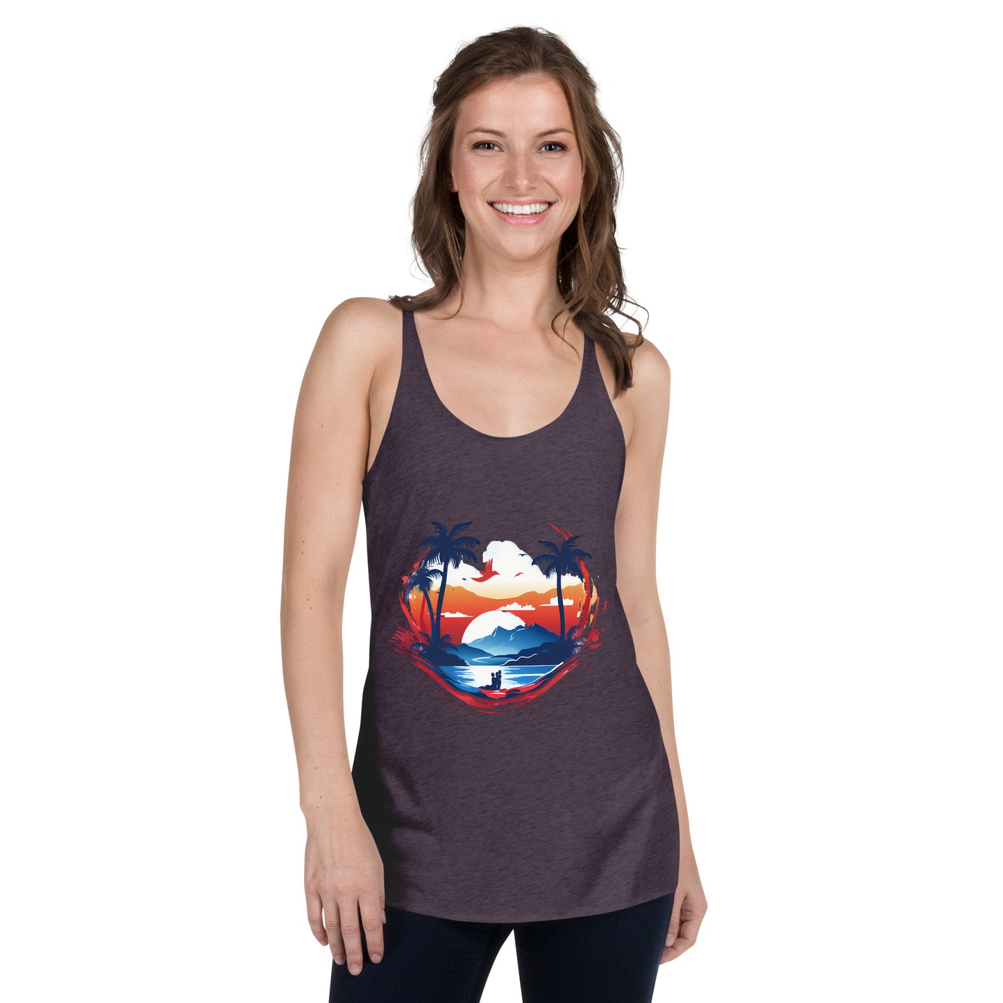 Women with purple tank top with picture of sunset and palm trees