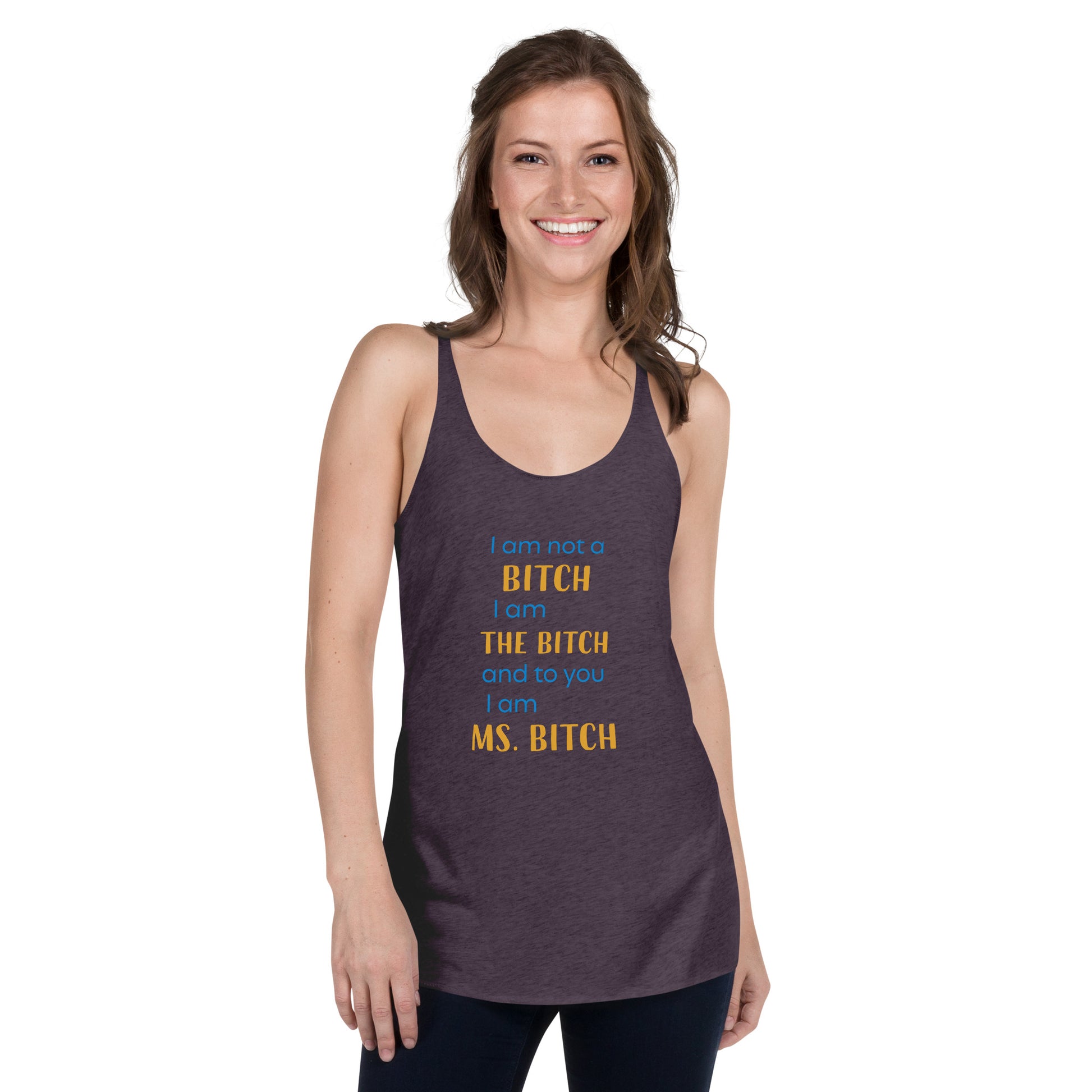 Women with purple tank top with the text "to you I'm MS bitch"