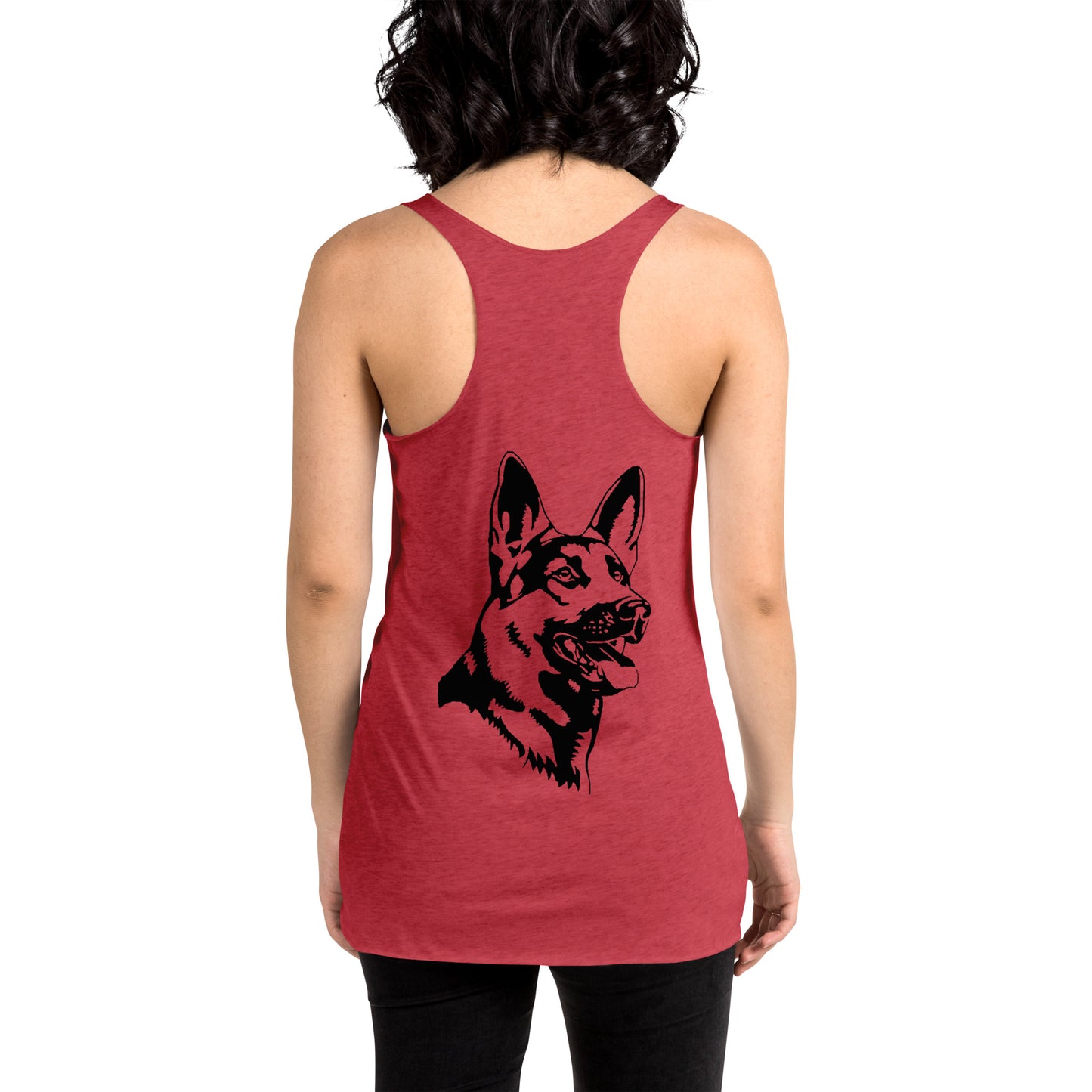 Women with red racerback tank top with German shepherd