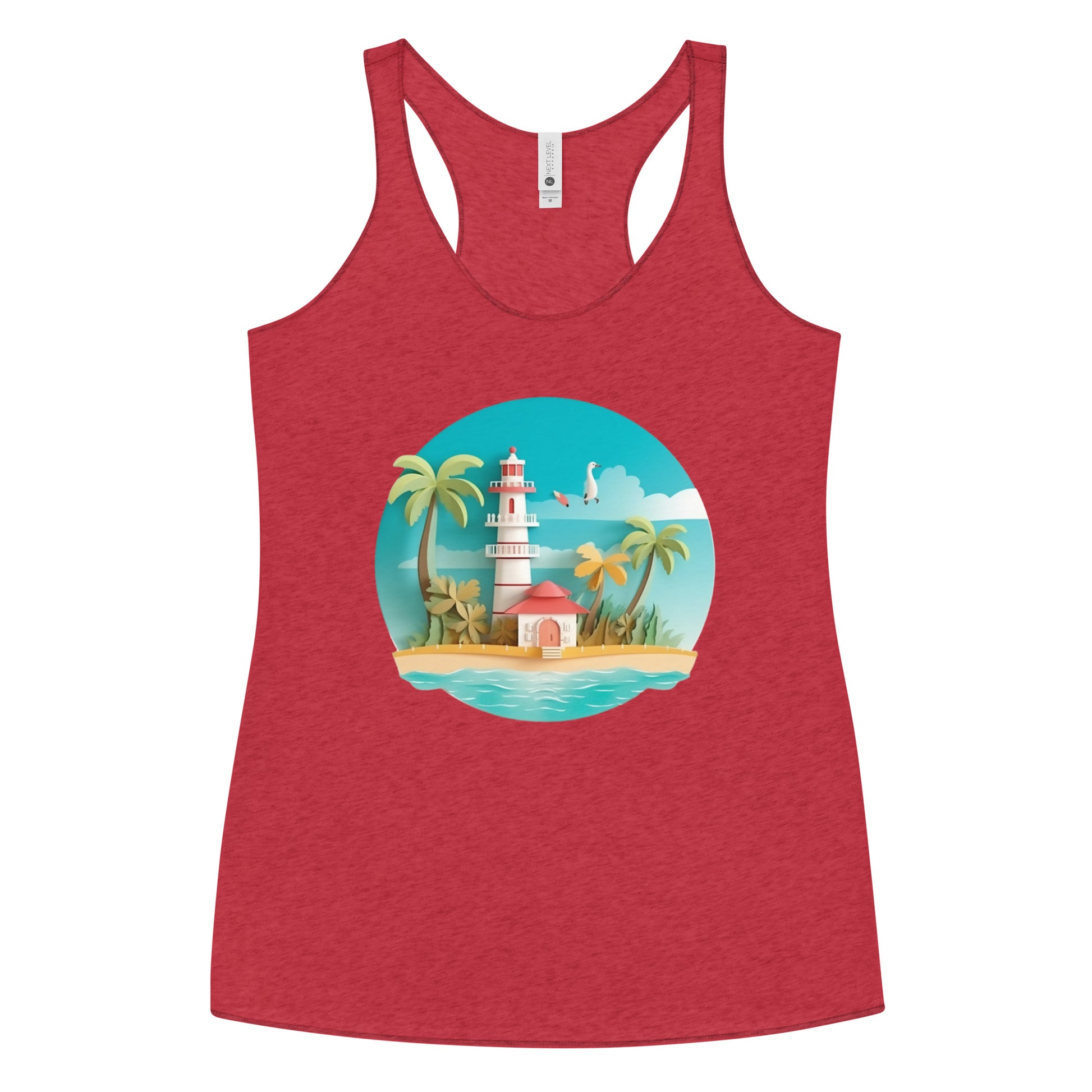 Red tank top with picture of lighthouse and palm trees