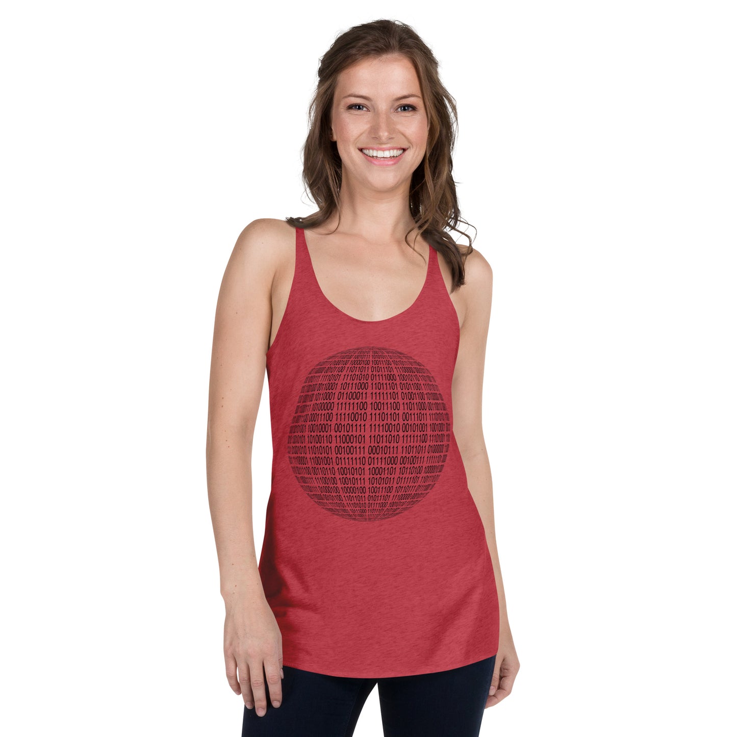 Women with red racerback tank top with binaire sphere