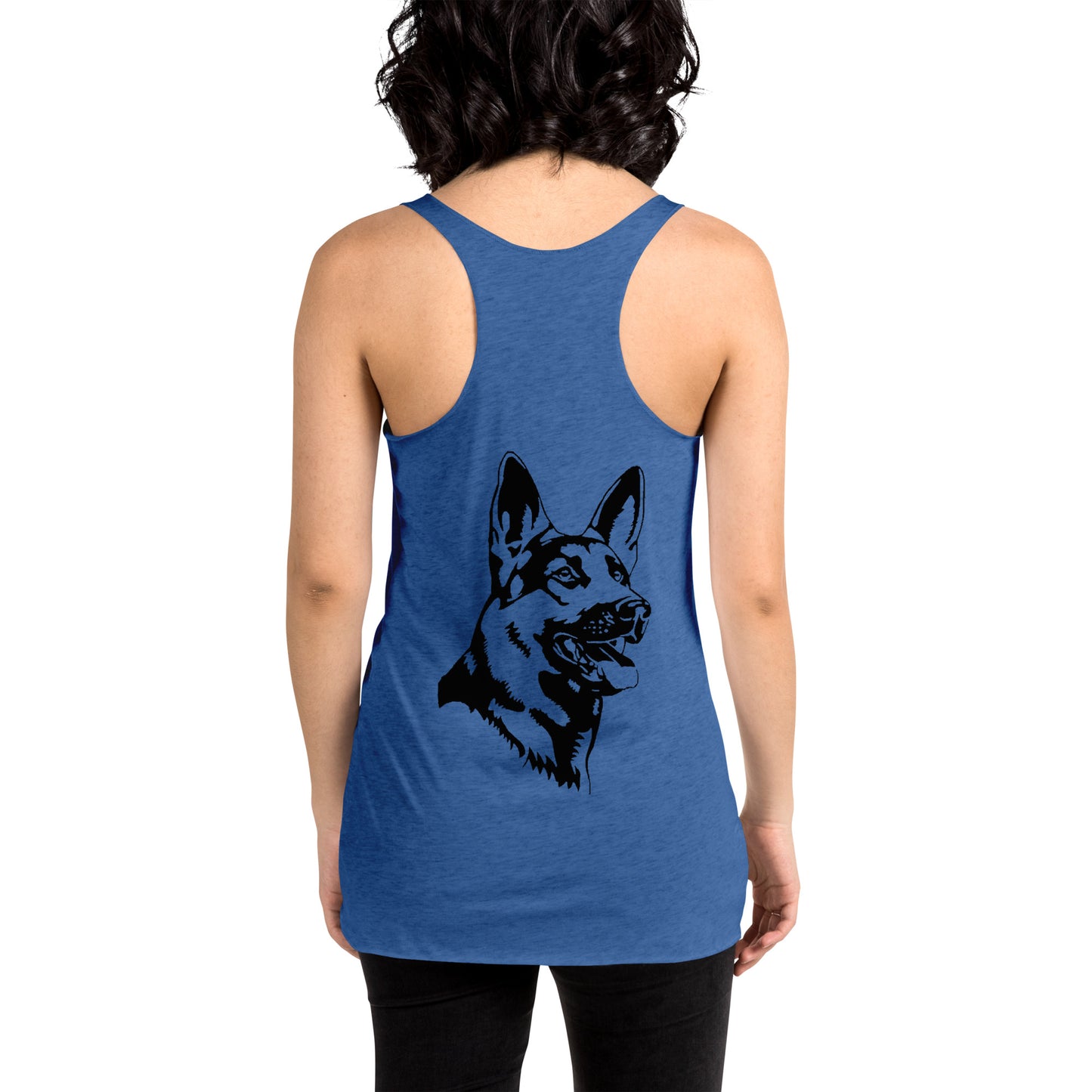 Women with royal blue racerback tank top with German shepherd