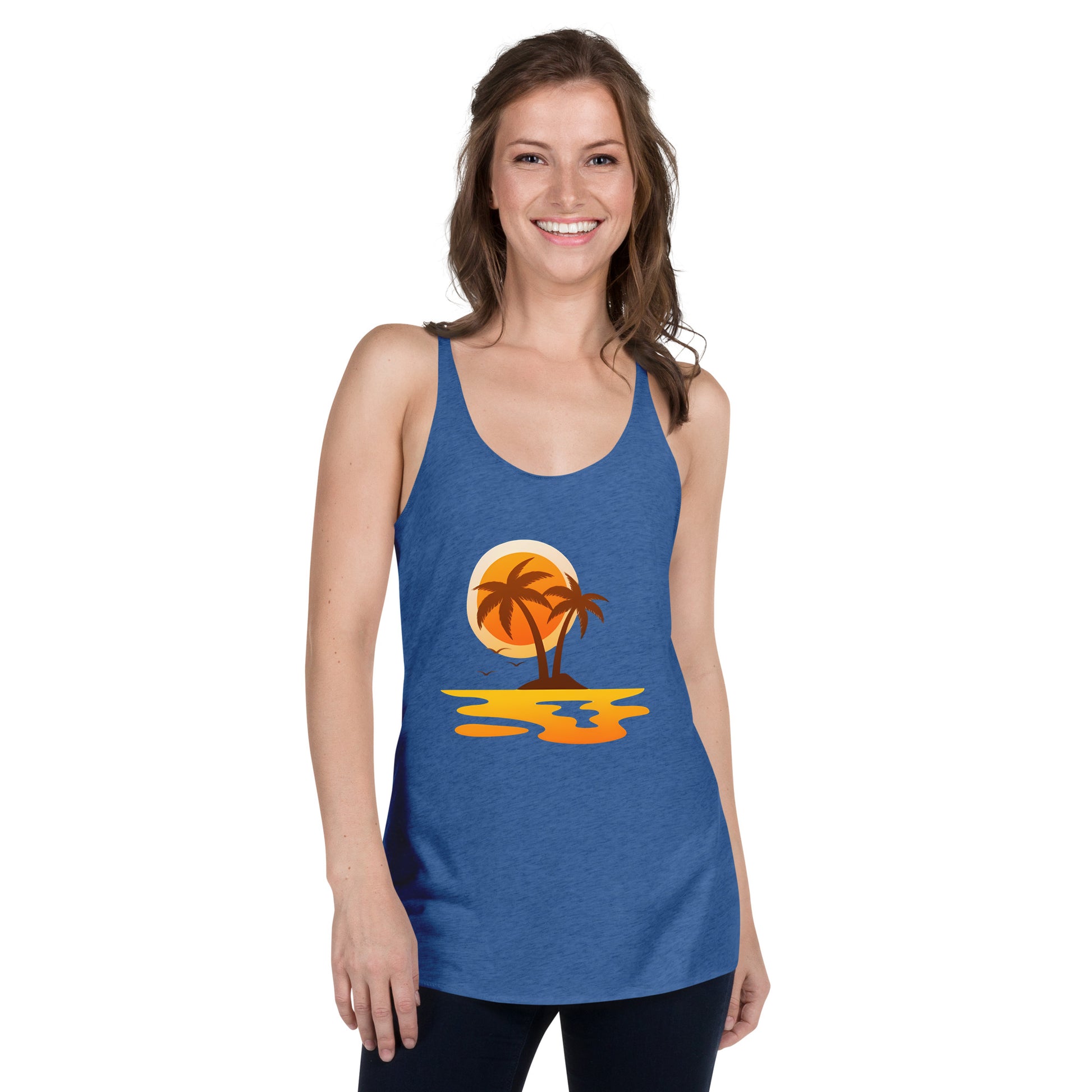 Women with royal blue tank top with sunset and palm trees
