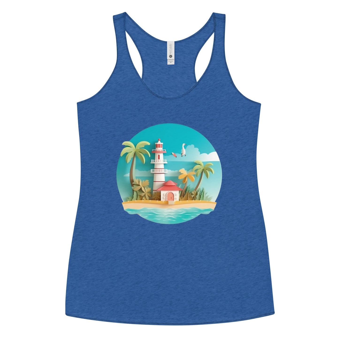 Royal blue tank top with picture of lighthouse and palm trees