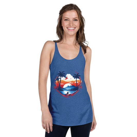 Women with royal blue tank top with picture of sunset and palm trees