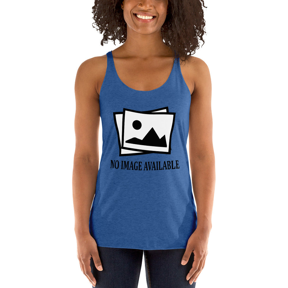 Women with royal blue tank top with image and text "no image available"