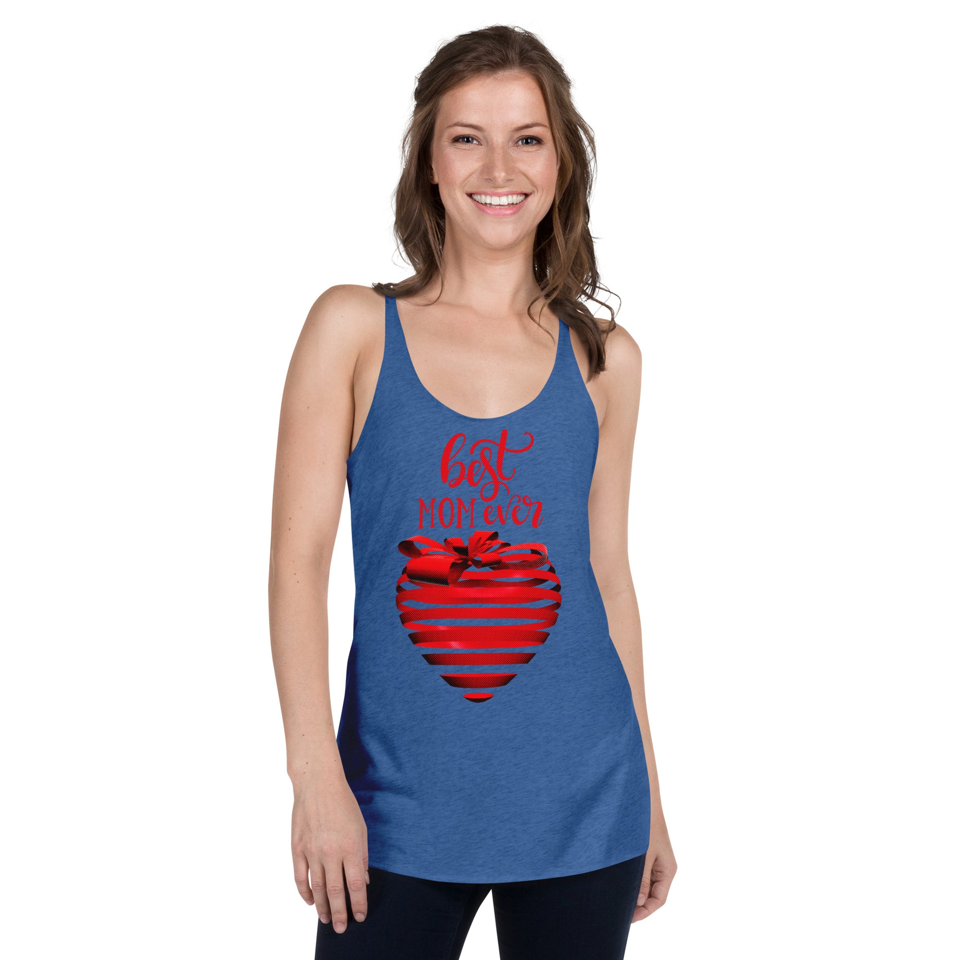 Women with royal blue Tank Top with red text best MOM Ever and red heart
