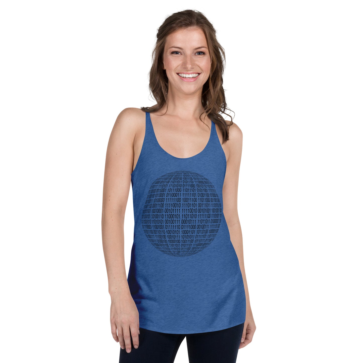 Women with vintage royal blue racerback tank top with binaire sphere