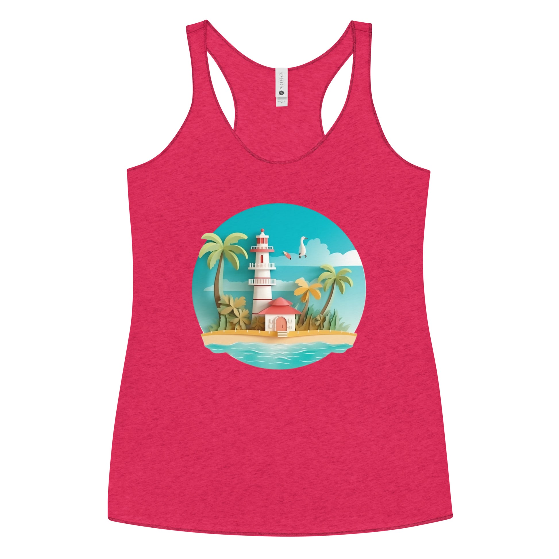 Pink tank top with picture of lighthouse and palm trees