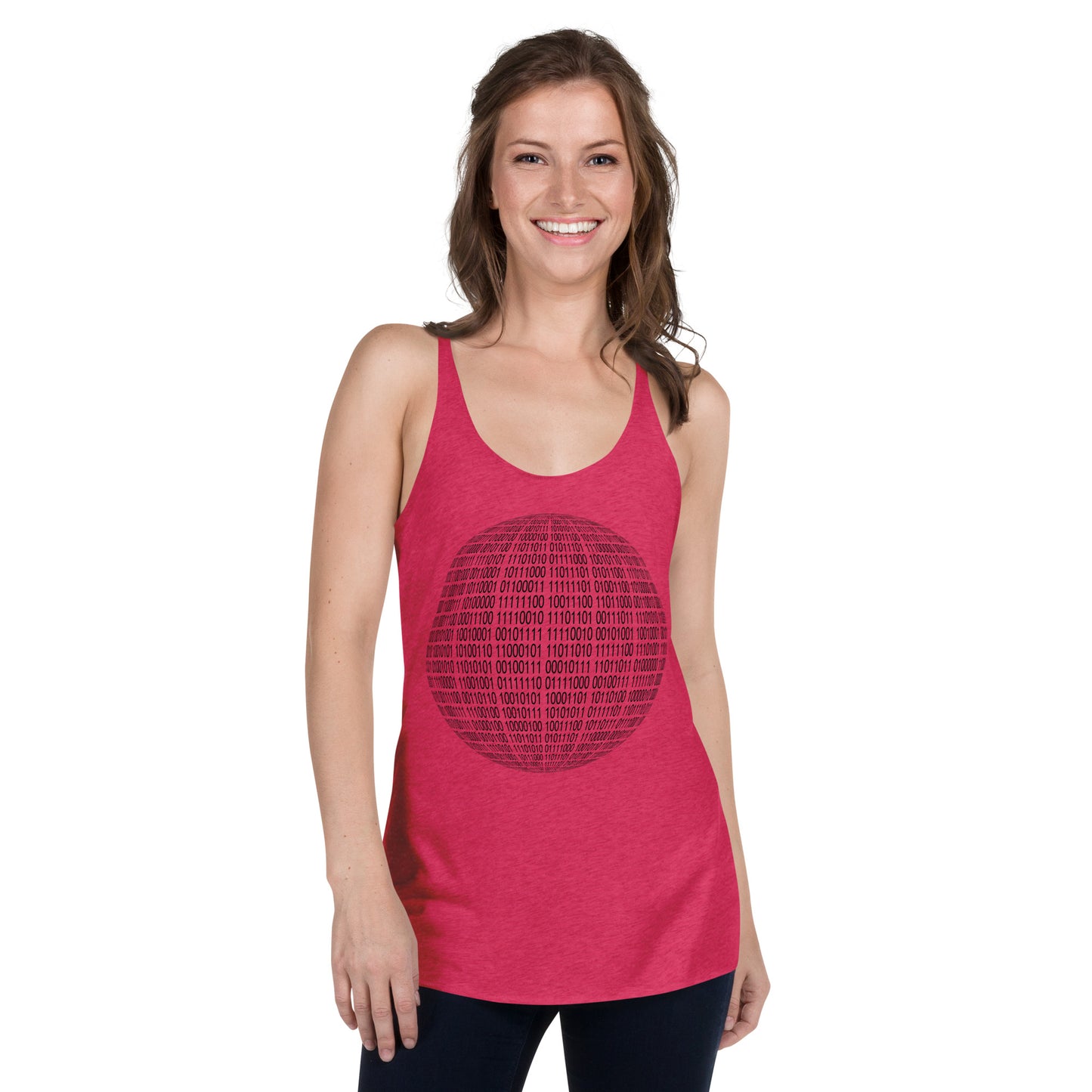 Women with shocking pink racerback tank top with binaire sphere