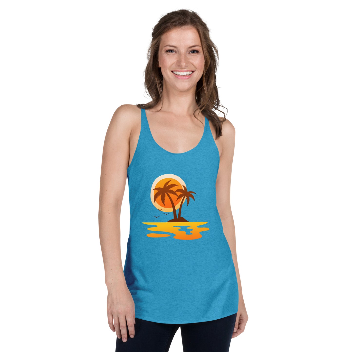 Women with turquoise tank top with sunset and palm trees