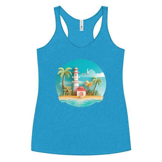 blue tank top with picture of lighthouse and palm trees