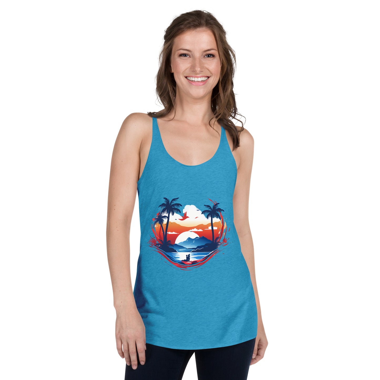 Women with turquoise tank top with picture of sunset and palm trees