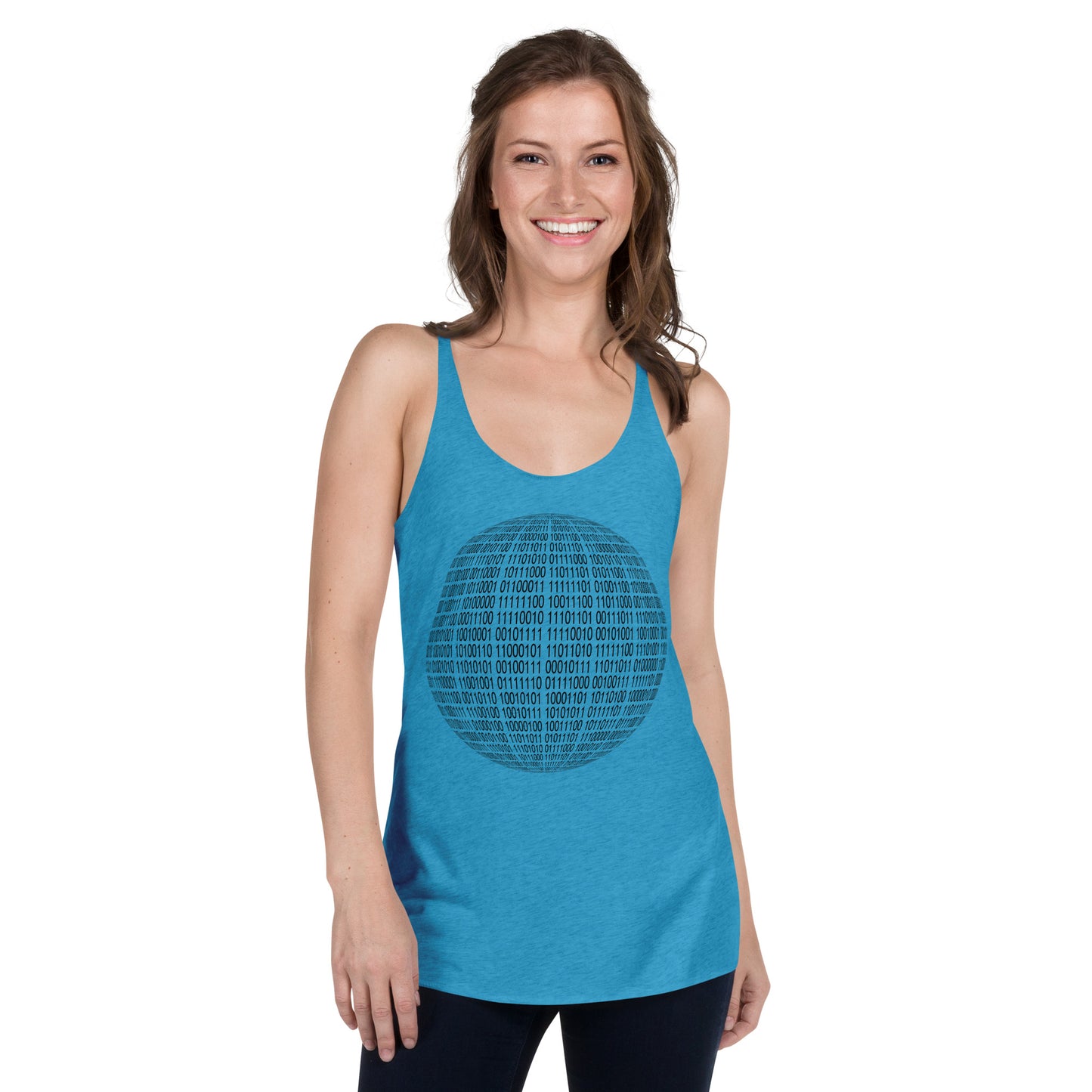 Women with turquoise racerback tank top with binaire sphere