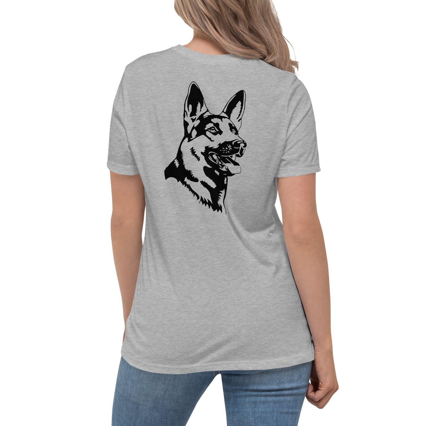 Women with grey shirt with German shepherd