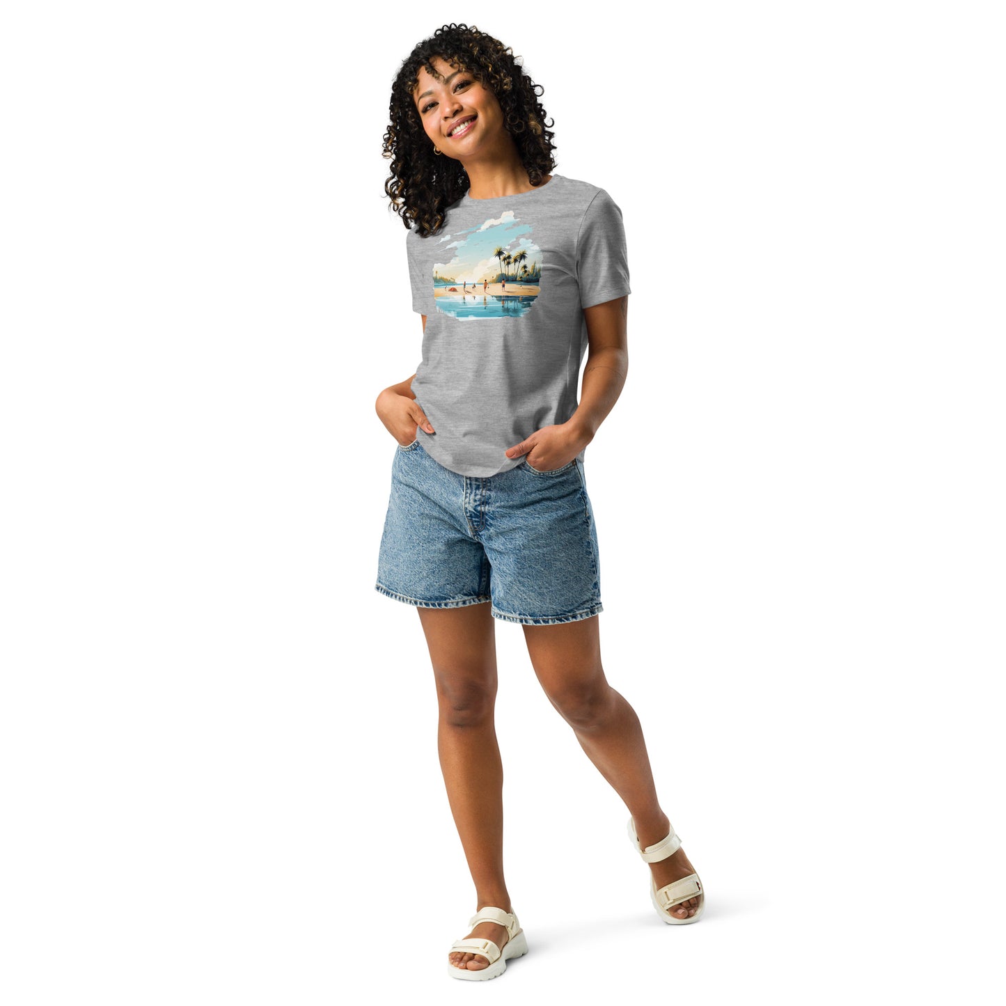 Women with athletic T-shirt and a picture of sea and sand