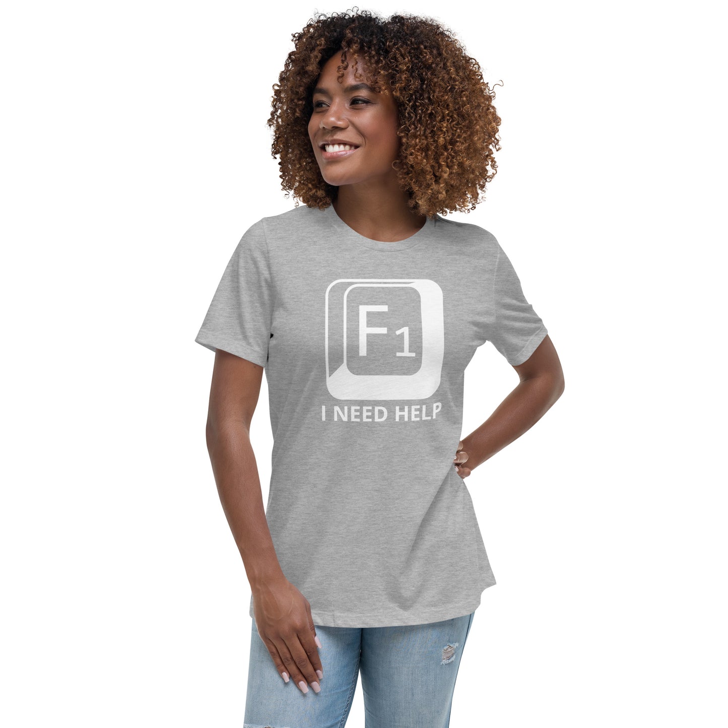 Woman with grey t-shirt with picture of "F1" key and text "I need help"