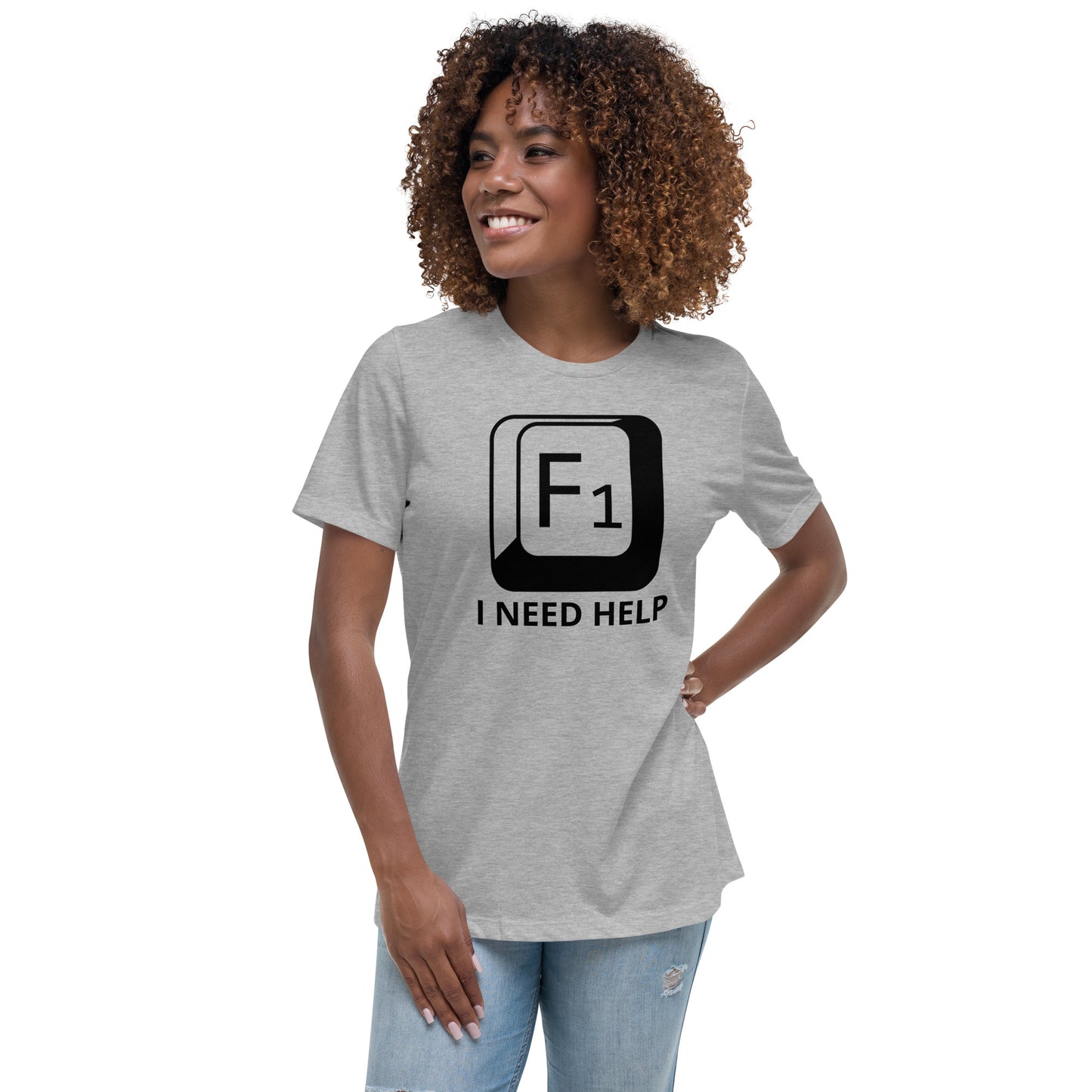 Woman with grey t-shirt with picture of "F1" key and text "I need help"