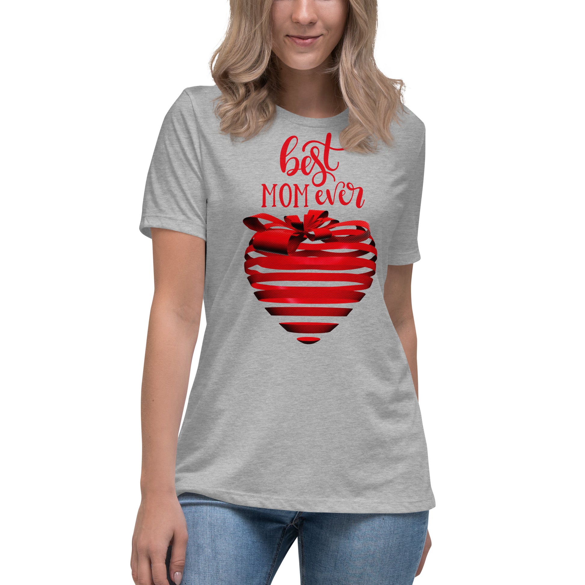 Women with athletic grey T-shirt with red text best MOM Ever and red heart