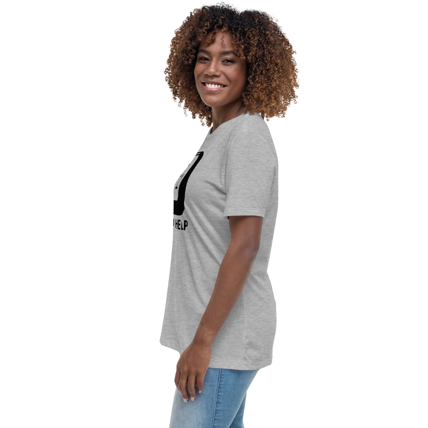 Woman with grey t-shirt with picture of "F1" key and text "I need help"