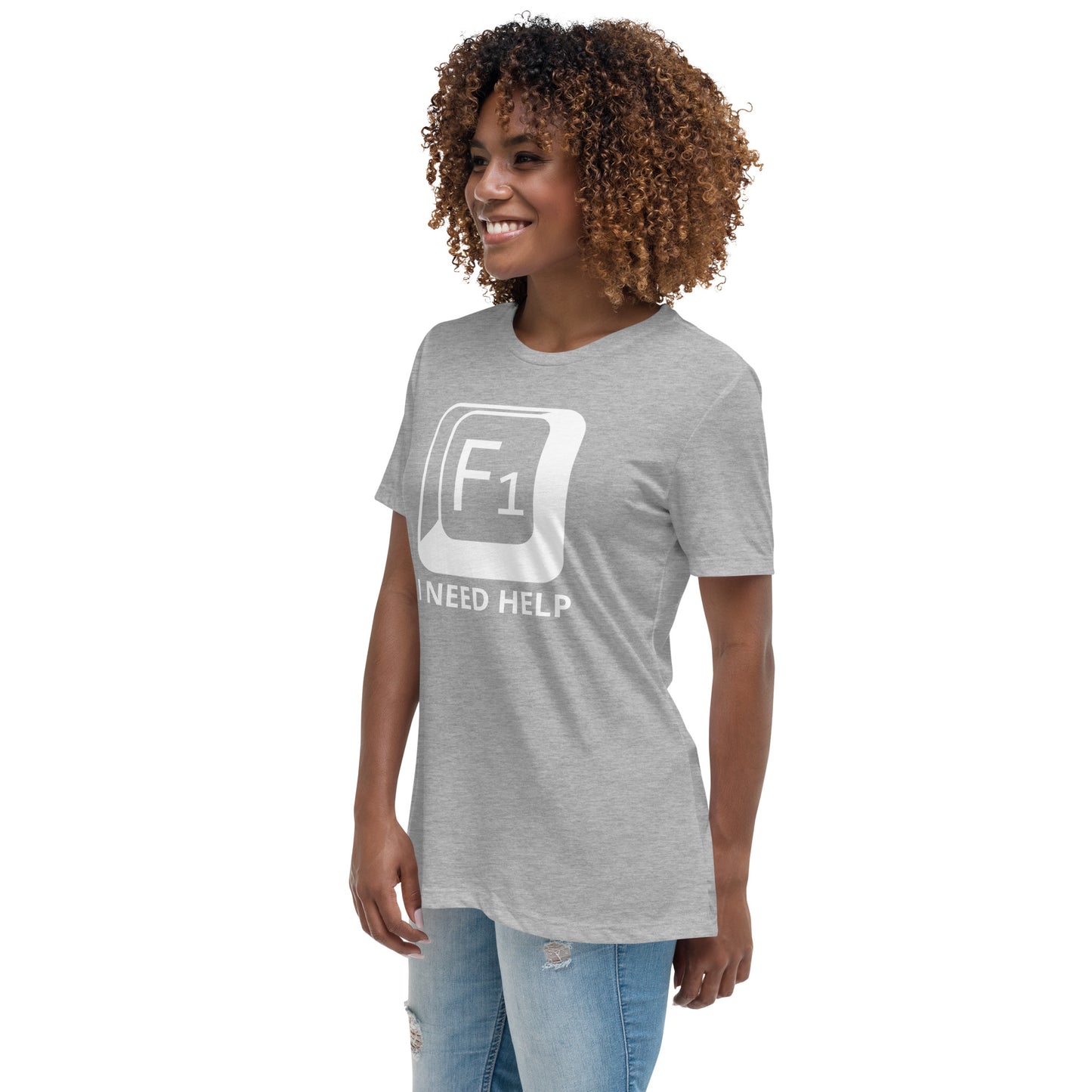 Woman with grey t-shirt with picture of "F1" key and text "I need help"