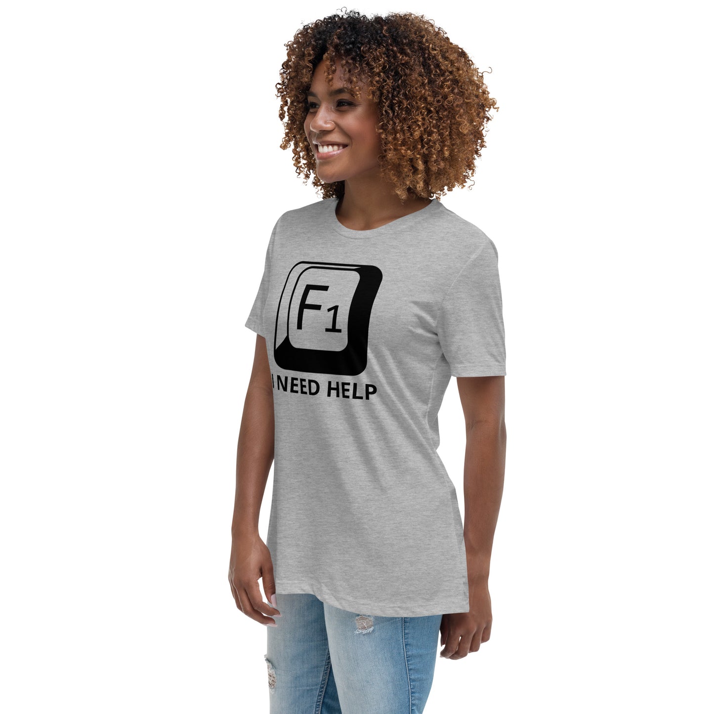 Woman with grey t-shirt with picture of "F1" key and text "I need help"