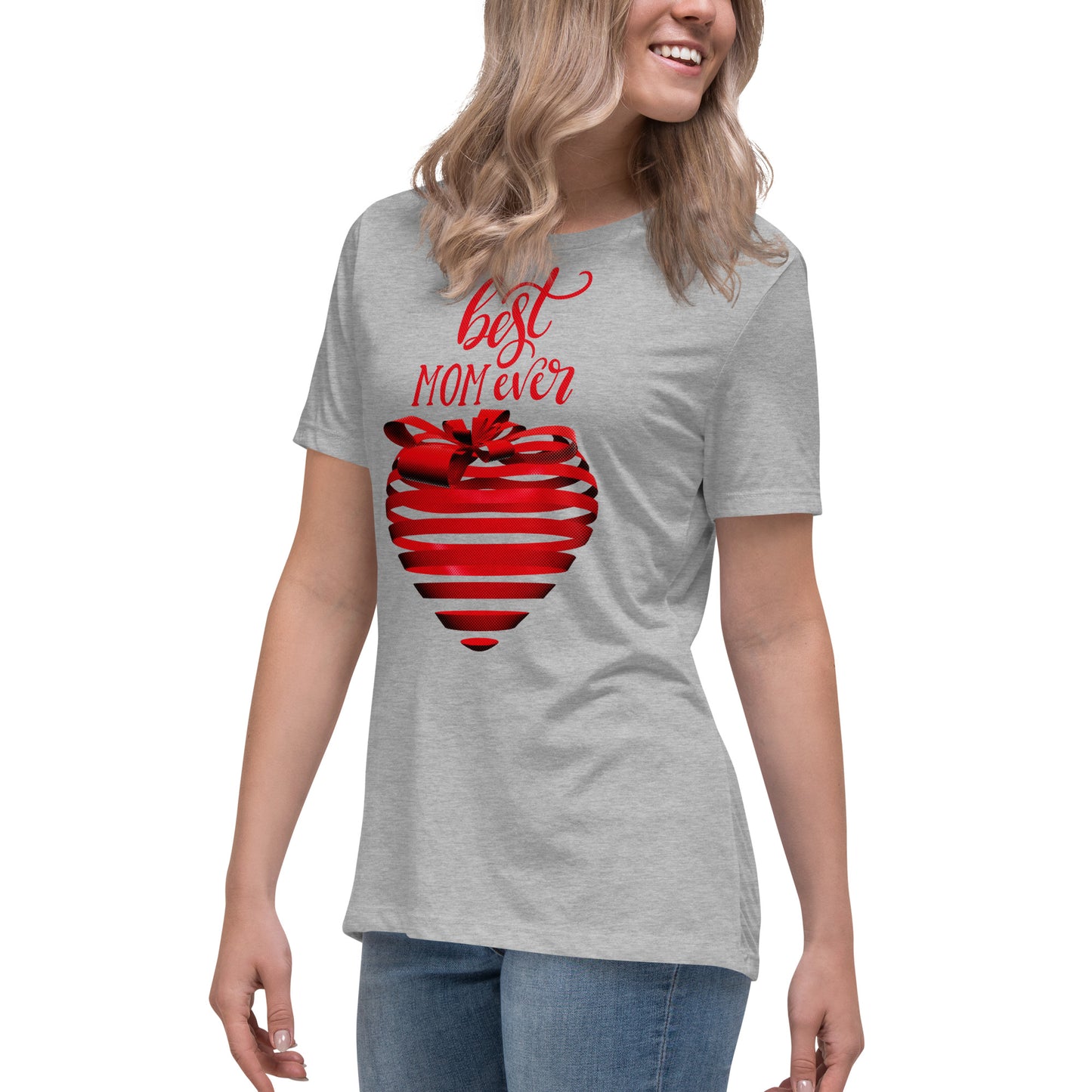 Women with athletic grey T-shirt with red text best MOM Ever and red heart