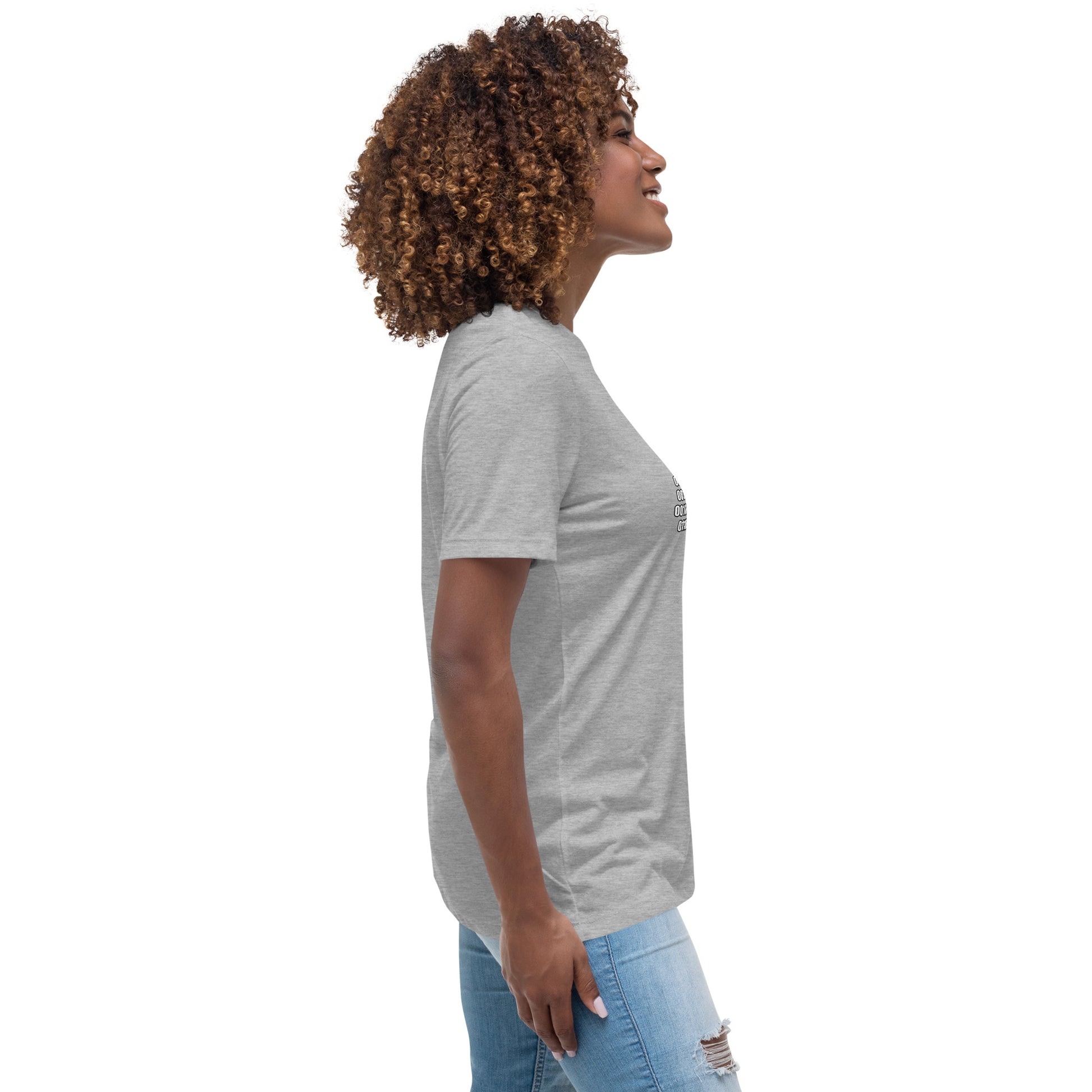 Woman with grey t-shirt with binary code "If you can read this"