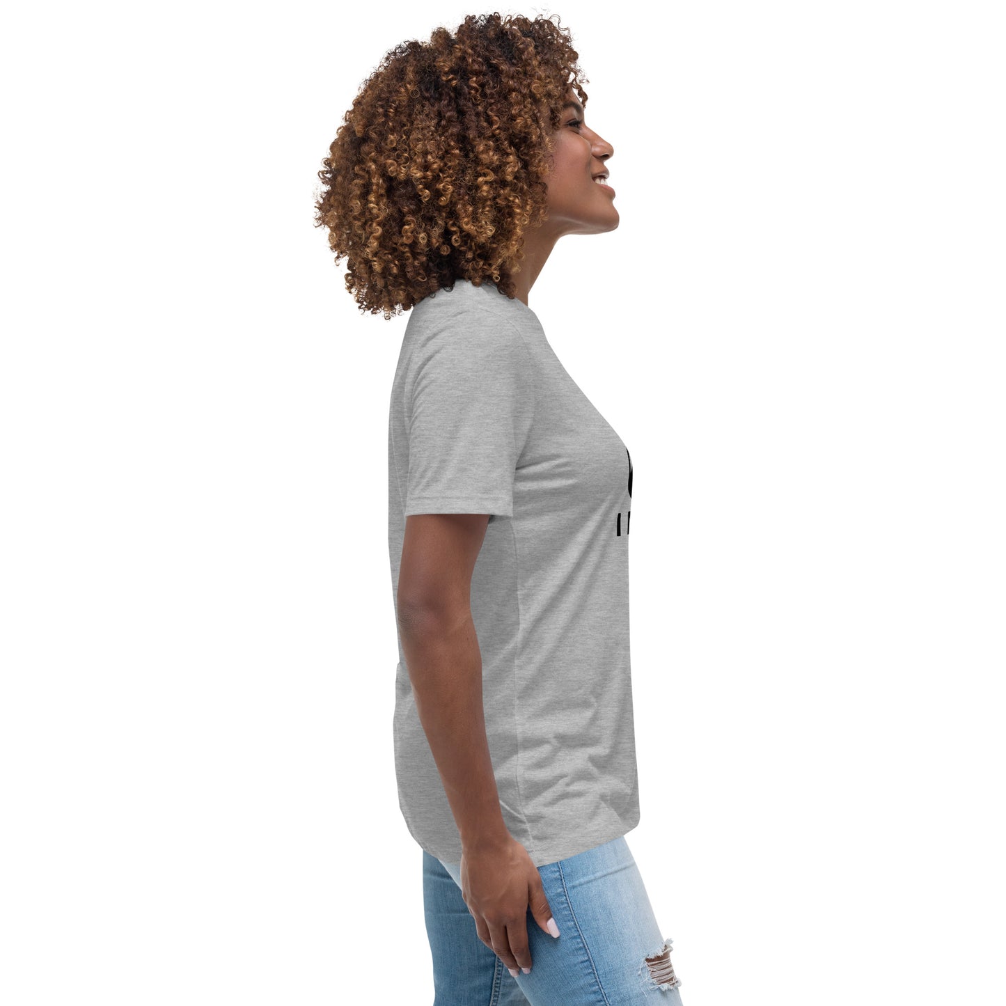 Woman with grey t-shirt with picture of "F1" key and text "I need help"