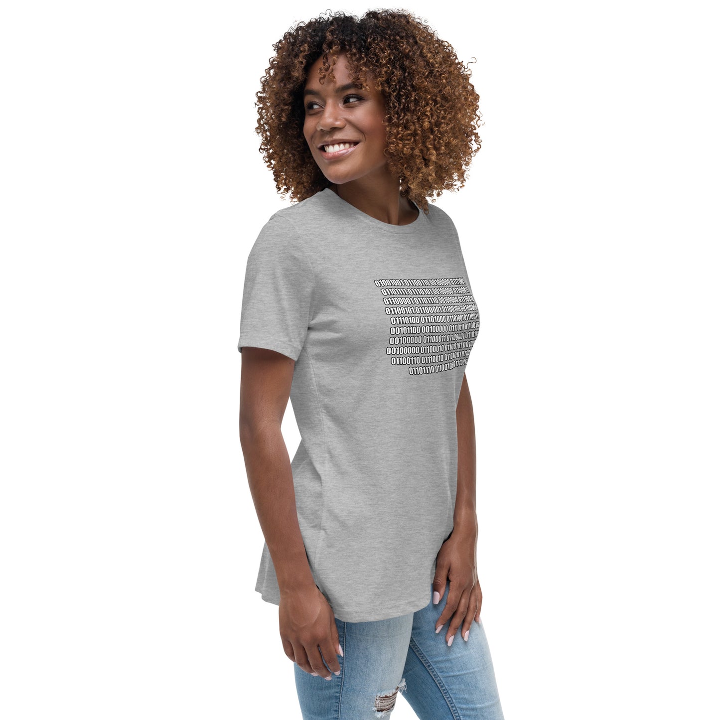 Woman with grey t-shirt with binary code "If you can read this"