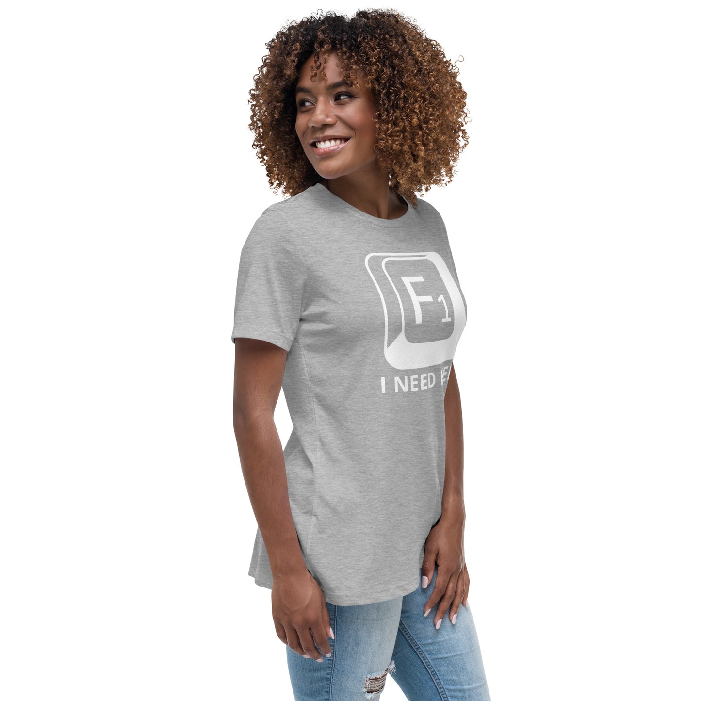 Woman with grey t-shirt with picture of "F1" key and text "I need help"