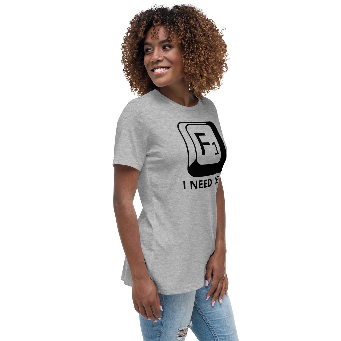 Woman with grey t-shirt with picture of "F1" key and text "I need help"