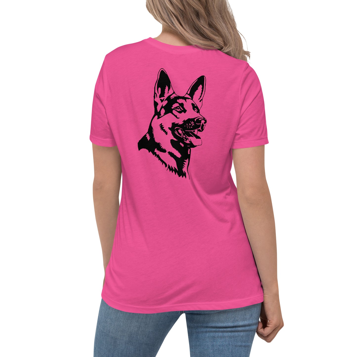 Women with berry shirt with German shepherd