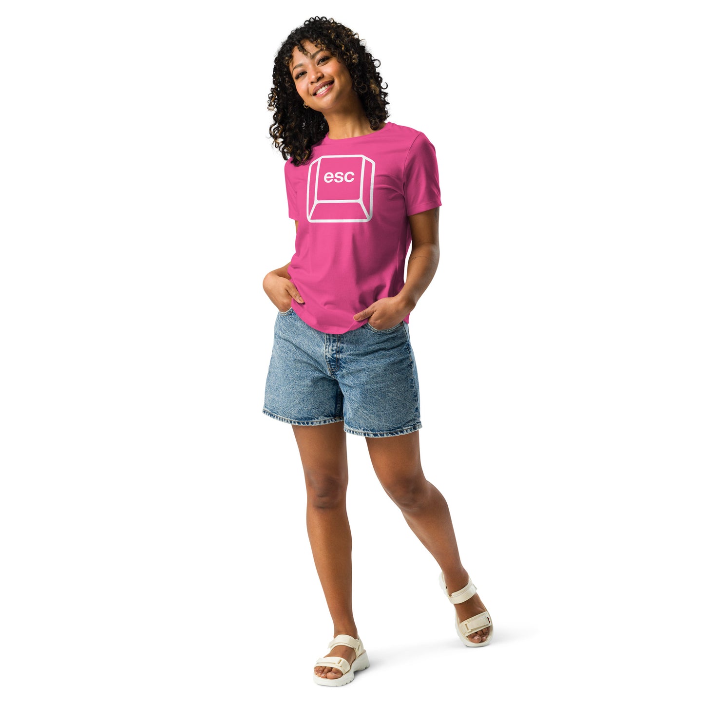 Woman with berry t-shirt with picture of esc key