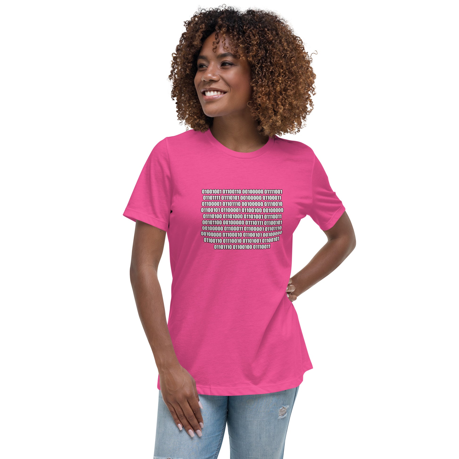 Woman with berry t-shirt with binary code "If you can read this"