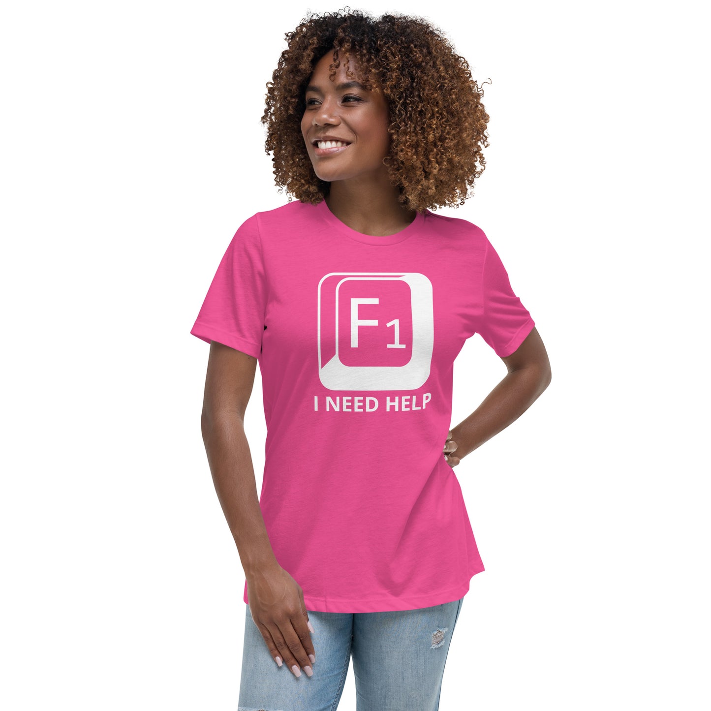 Woman with berry t-shirt with picture of "F1" key and text "I need help"