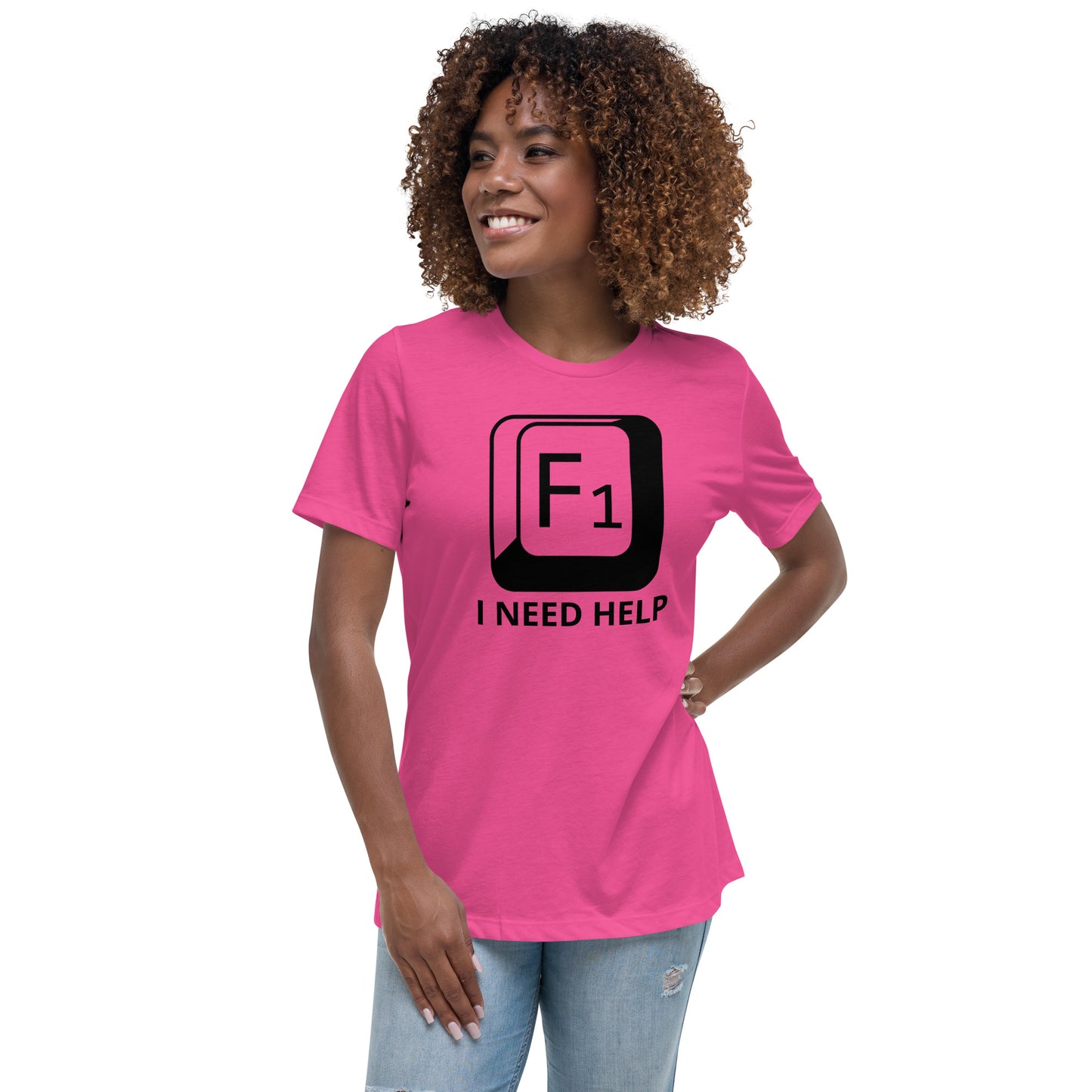 Woman with berry t-shirt with picture of "F1" key and text "I need help"