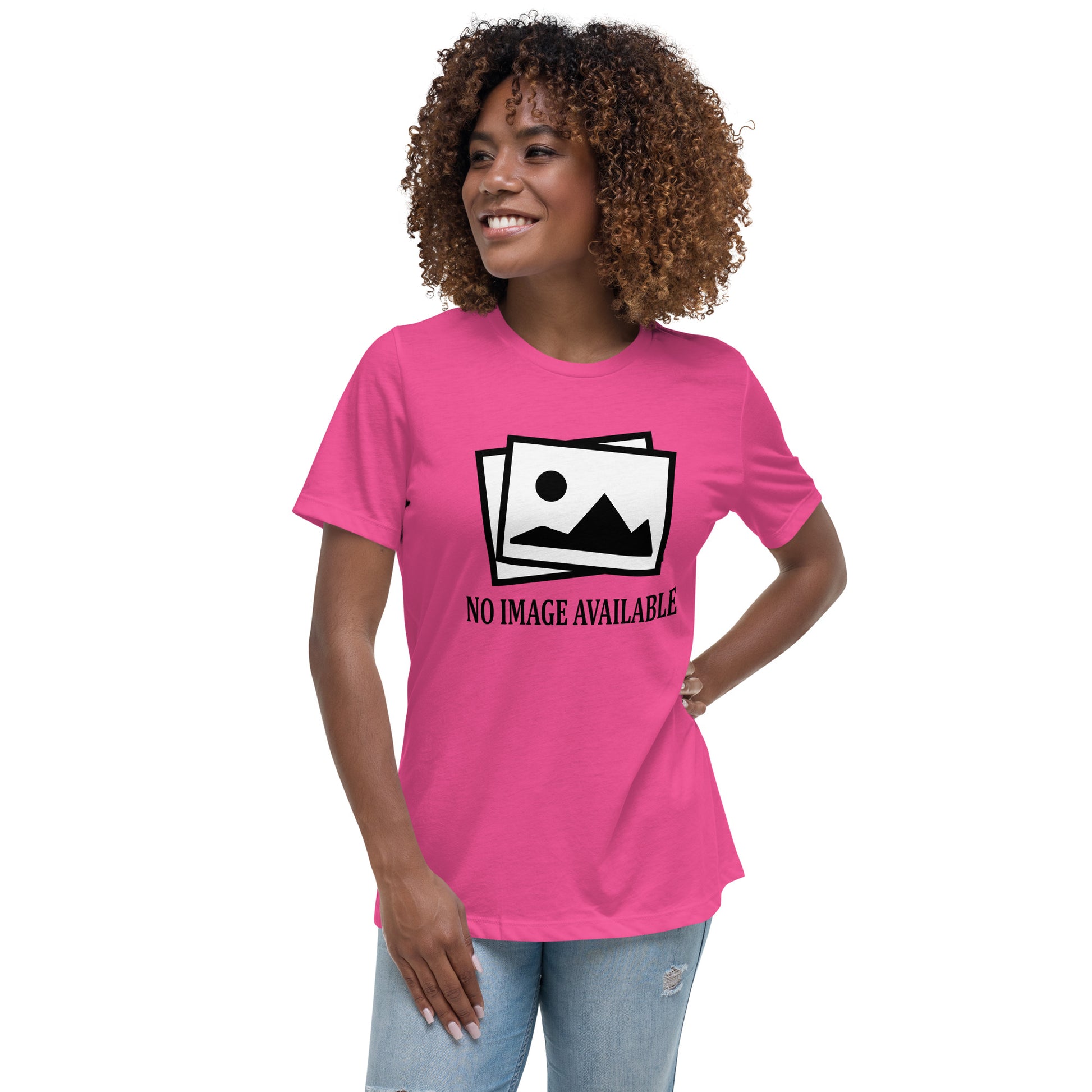 Women with berry t-shirt with image and text "no image available"