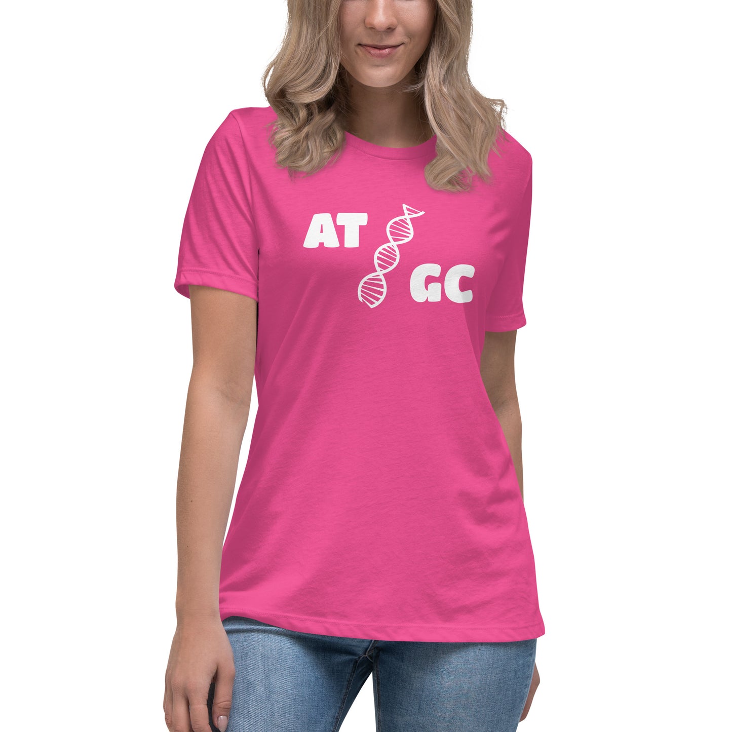 Women with berry t-shirt with image of a DNA string and the text "ATGC"