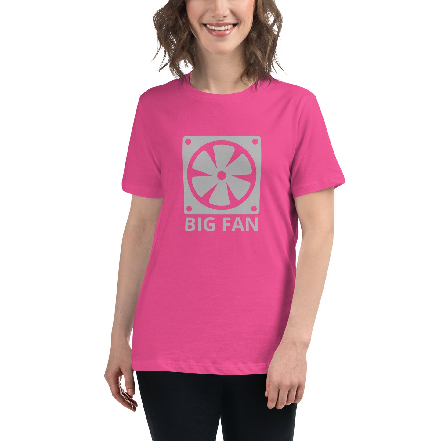 Women with berry t-shirt with image of a big computer fan and the text "BIG FAN"